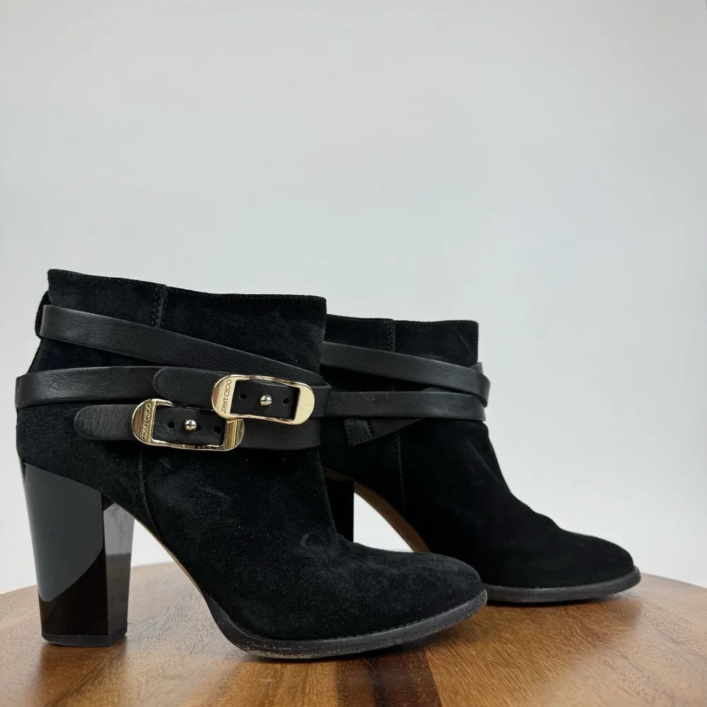 Womens Jimmy Choo Melba 80 Buckled Black Suede Block Heel Ankle Boots Size EU 38